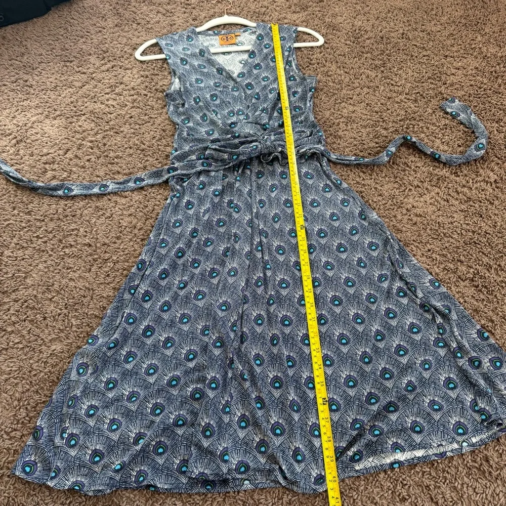 Tory Burch 100% Silk Wrap Dress Peacock Feather Print Sleeveless Purple Blue S - Picture 8 of 13